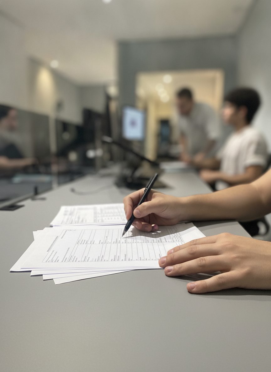 Conferência de documentos contábeis sobre a bancada